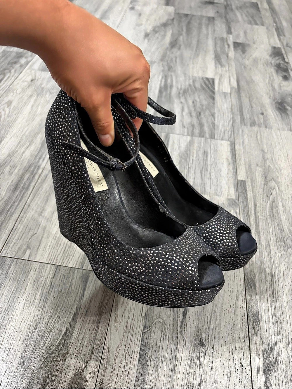 Stella McCartney Black Peep-Toe Wedge EU 38